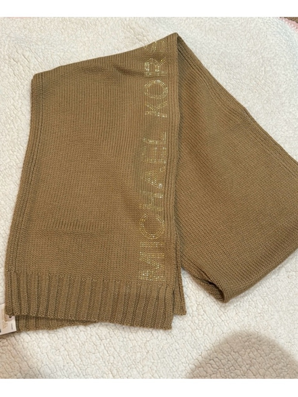 Michael Michael Kors Knit Scarf in Camel Brown with Gold Logo